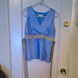 Isaac Mizrahi | Light Blue V-Neck Blouse with Taupe Sash